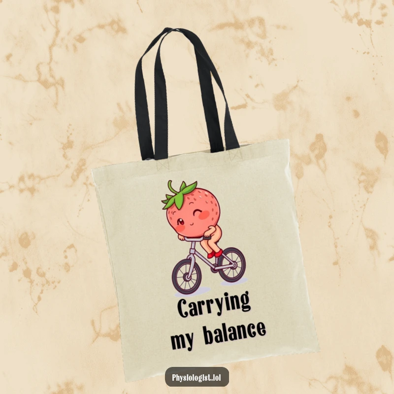 Funny blushing strawberry riding a unicycle, looking endearingly embarrassed, featured on a durable tote bag.