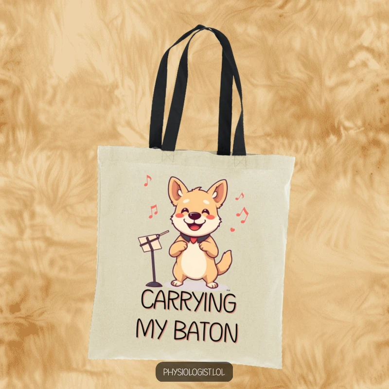 Funny dog conductor tote bag featuring a smiling dog leading an invisible orchestra, perfect for carrying daily items with musical flair.