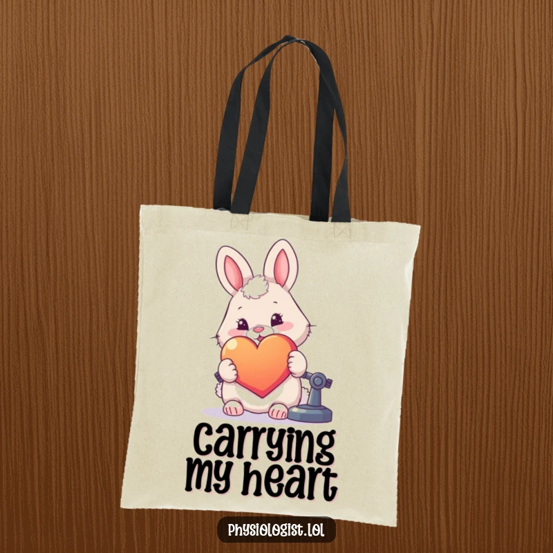 Funny tote bag with a fluffy rabbit examining a big, colorful heart under a microscope for a whimsical feel.