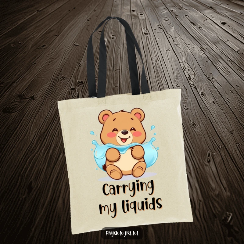 Funny bear fluid balance tote bag with a smiling bear jiggling with wobbly blue liquid, perfect for carrying science humor.