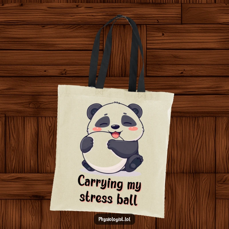 Funny Tote Bag: Giggling panda squeezes a large, oddly shaped stress ball, showcasing comic relief for shoppers.