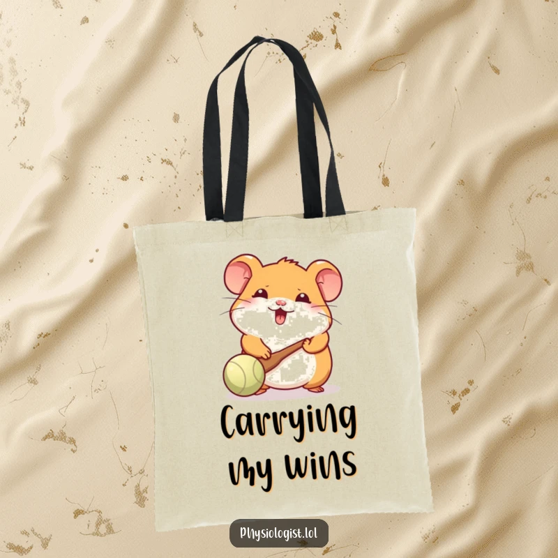 Funny Hamster Tote Bag: A cheerful hamster skillfully bats a ball with a tiny paddle, designed for humorous and practical use.