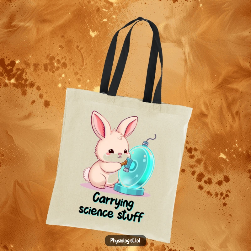 Funny bunny tote bag, a curious bunny taps a glowing cell model with a tiny hammer, ideal for carrying study materials.
