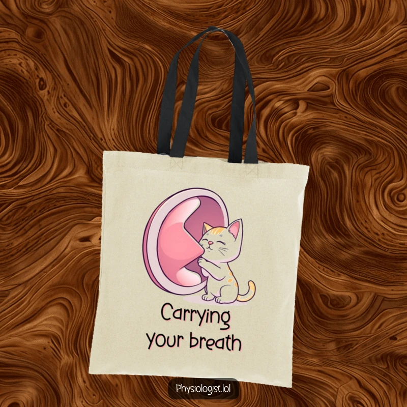 Funny tote bag, featuring a cat intently listening to a giant lung, perfect for humorous shopping.