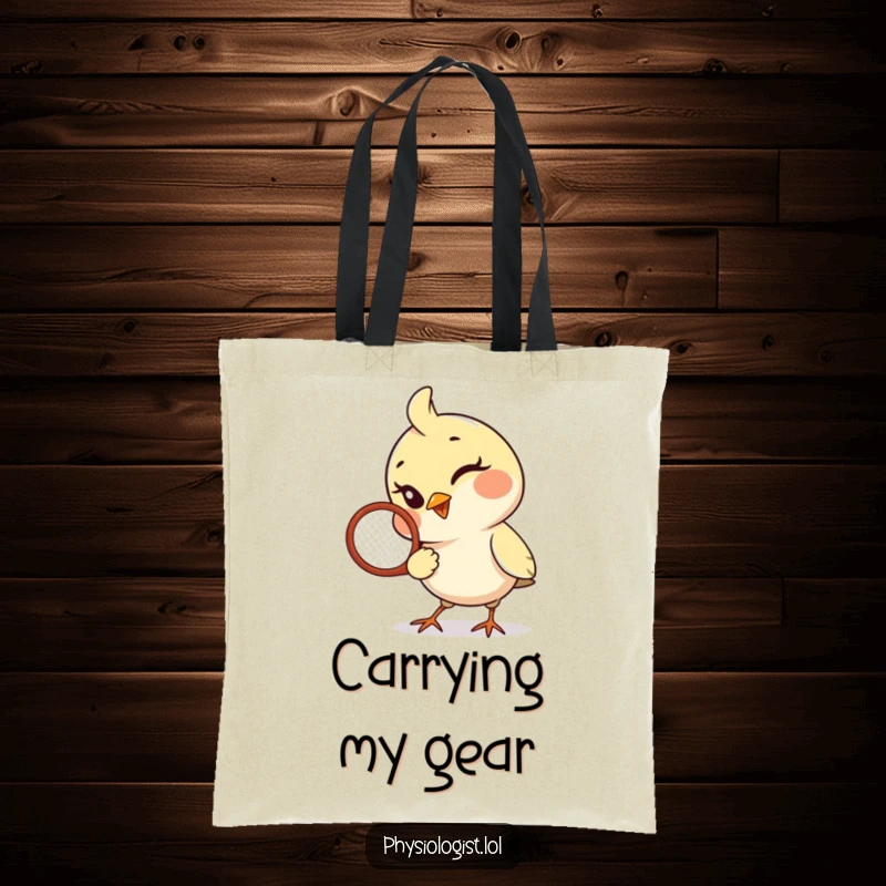 Funny Bird Tote Bag: A playful bird winks playfully while holding a tennis racquet, perfect for sports enthusiasts.