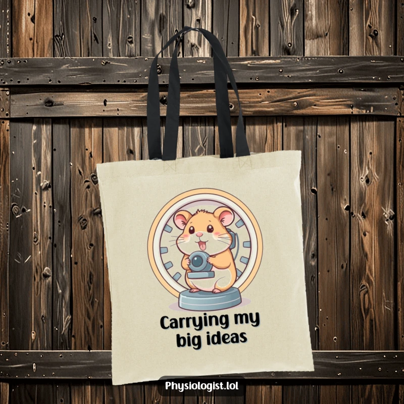Funny brain scanner hamster tote bag, with a hamster operating a complex brain scanner, ideal for carrying supplies with intellectual humor.