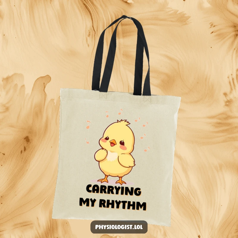 Funny chick music tote bag with a tiny chick energetically bobbing its head to music, perfect for carrying daily items.