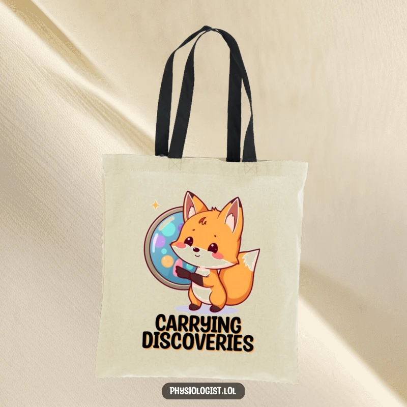 Funny fox biologist tote bag with a small fox excitedly pointing to a magnified cell with bright, colorful organelles, perfect for science gear.