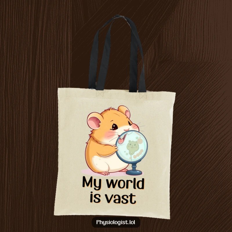 Funny hamster tote bag showing a happy hamster closely examining a magnified image on a screen, perfect for carrying items with technological humor.