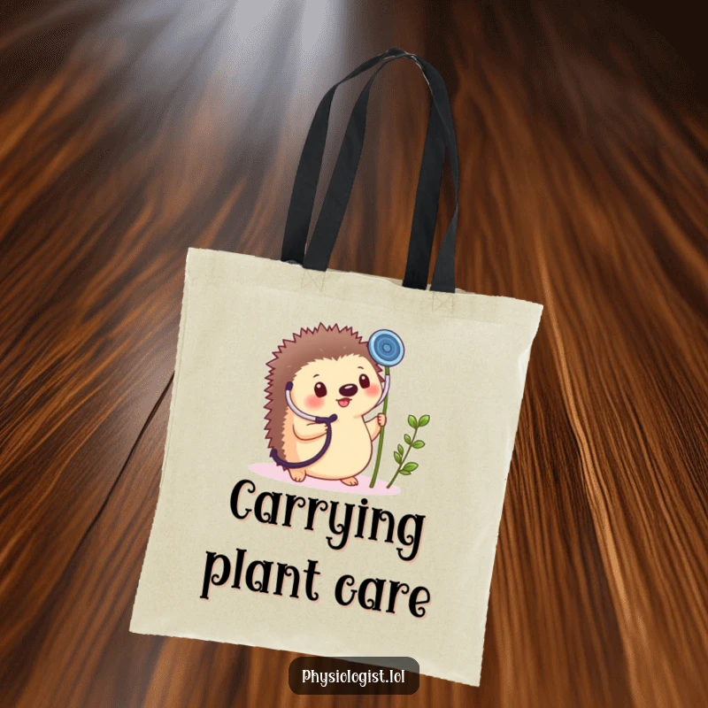 Funny tote bag with a cheerful hedgehog using a giant stethoscope on a tiny plant sprout.