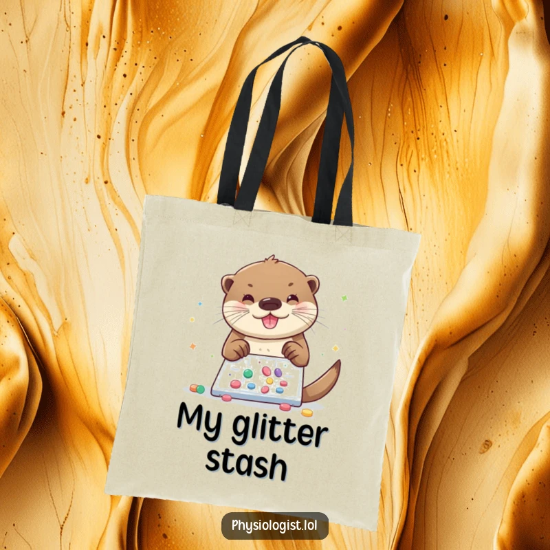 Funny otter tote bag, a cheerful otter sprinkles glitter and pills onto a microscopic slide, ideal for carrying supplies.