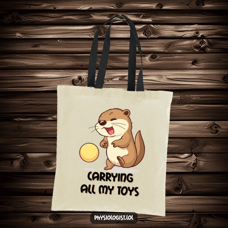 Funny otter tote bag featuring an energetic otter smashing a bright ball, a humorous accessory for carrying fun.