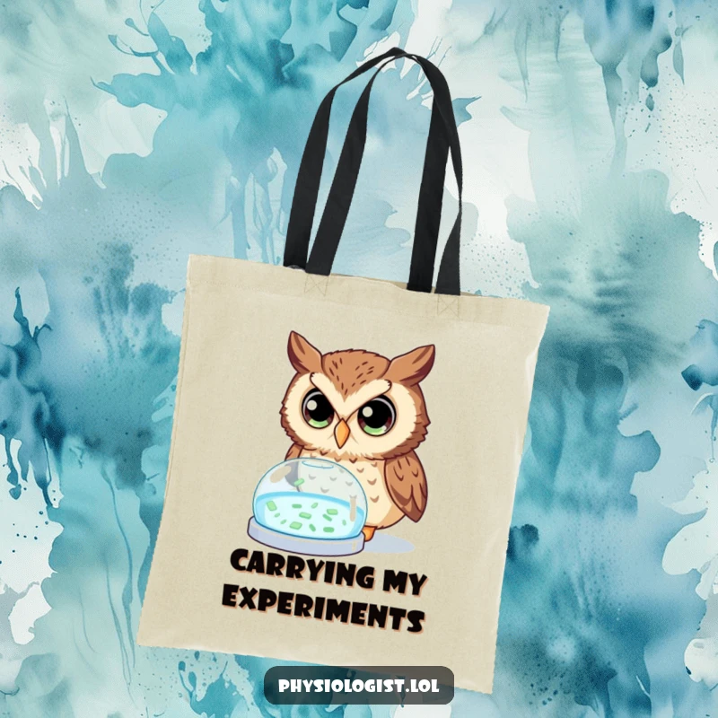 Funny owl tote bag showing a curious owl with wide eyes examining a glowing petri dish, perfect for carrying essentials with scientific humor.