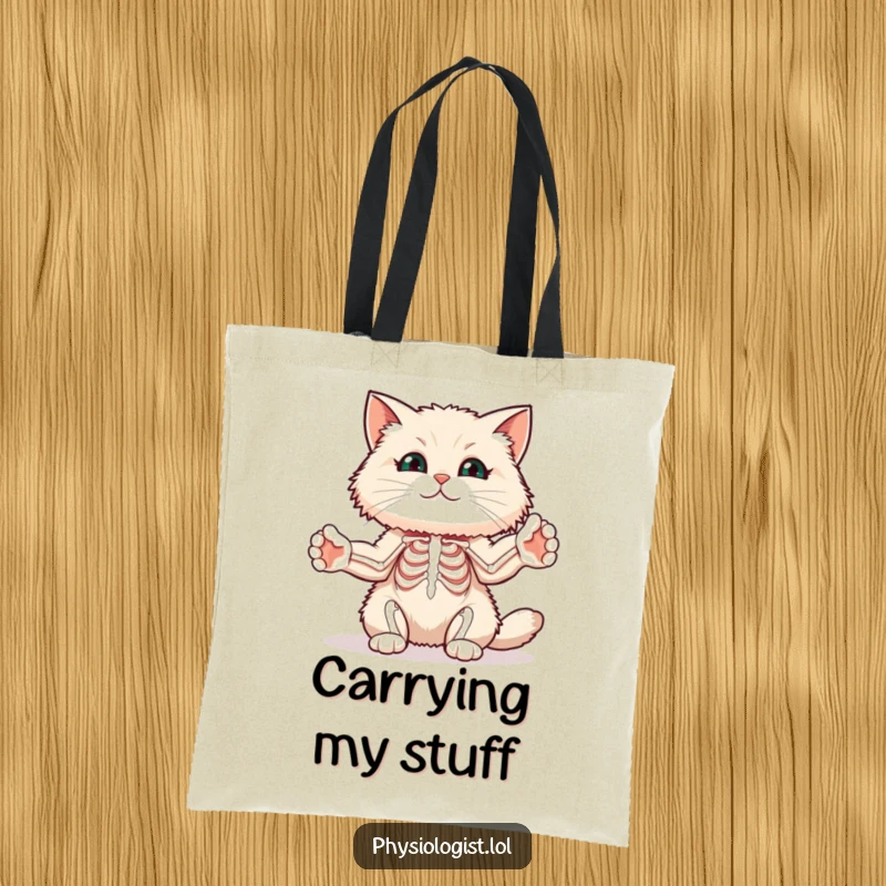 Funny yoga cat tote bag with a fluffy cat stretching its paws to illustrate muscle diagrams, perfect for carrying fitness gear.
