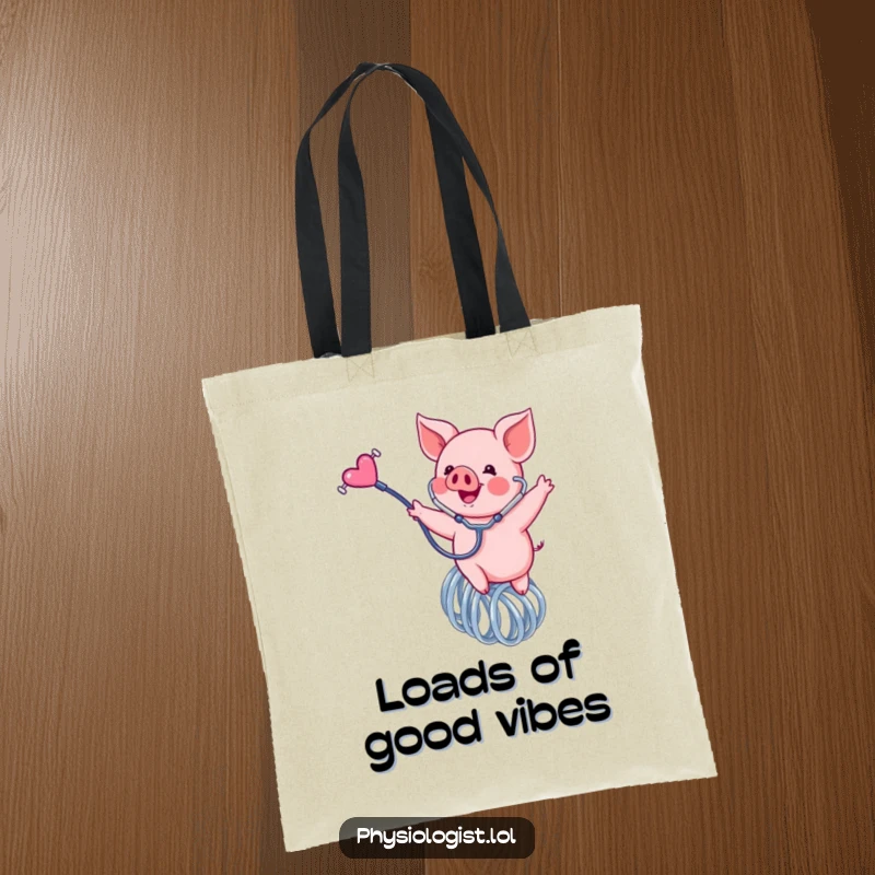 Funny piglet tote bag, a happy pink piglet bouncing on a spring with a stethoscope, perfect for carrying essentials joyfully.