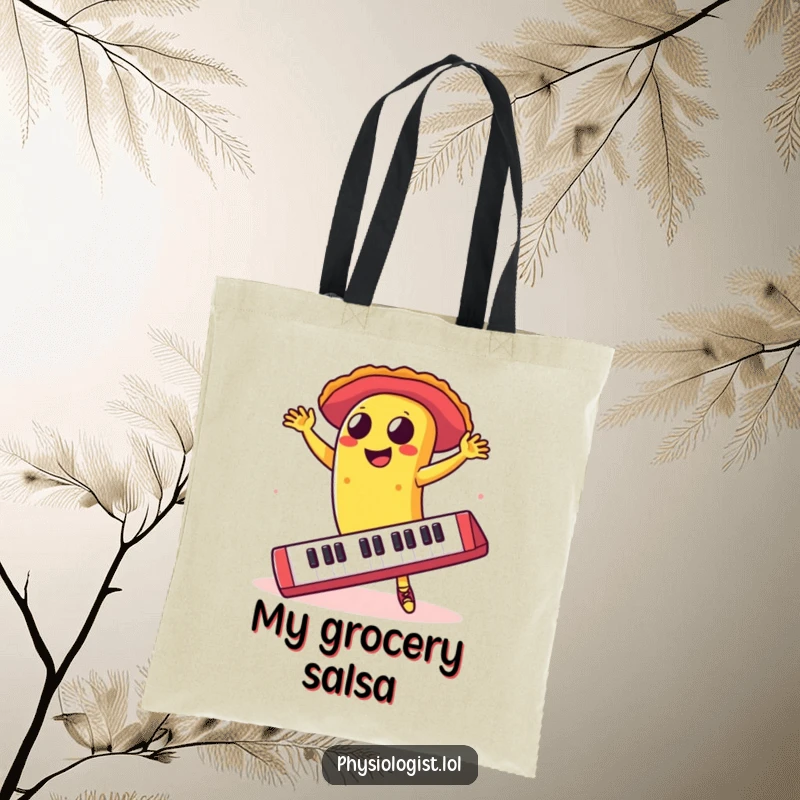 Funny taco dancing salsa on a giant keyboard, printed on a tote bag, signifying humorous culinary and tech enthusiasm.