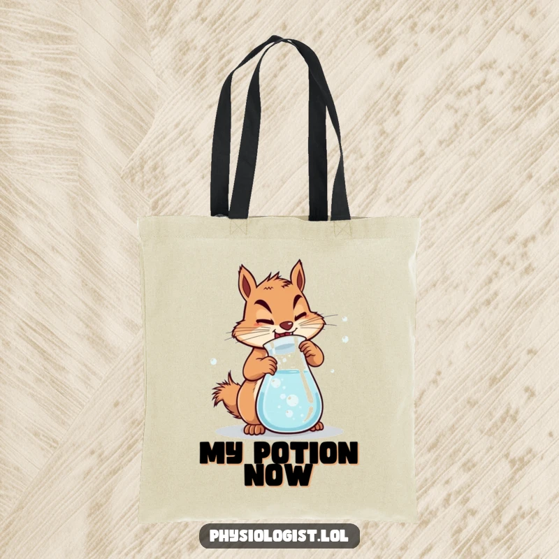 Funny Squirrel Tote Bag: a determined squirrel vigorously churns a beaker of bubbly liquid, great for carrying lab supplies.